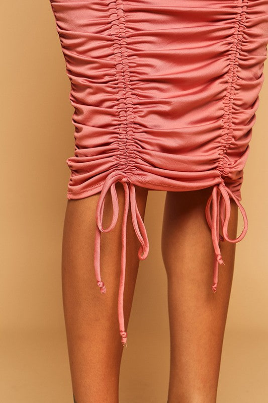 Silken Mock Neck Ruched Midi Drawstring Dress Salmon