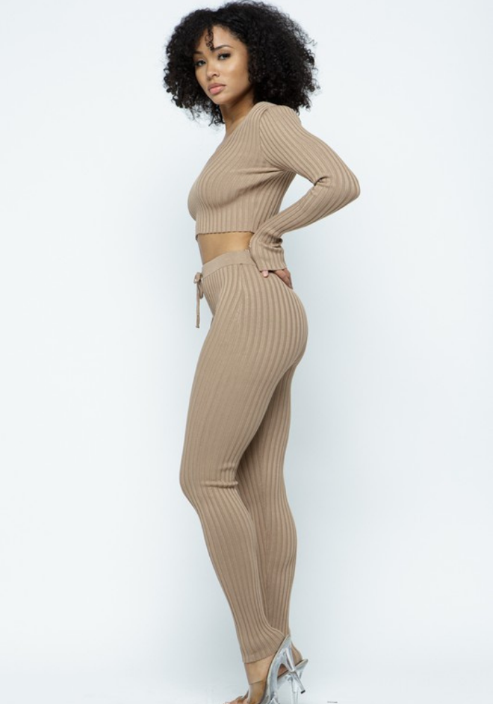 Ribbed Crop V Neck Sweater Set Camel