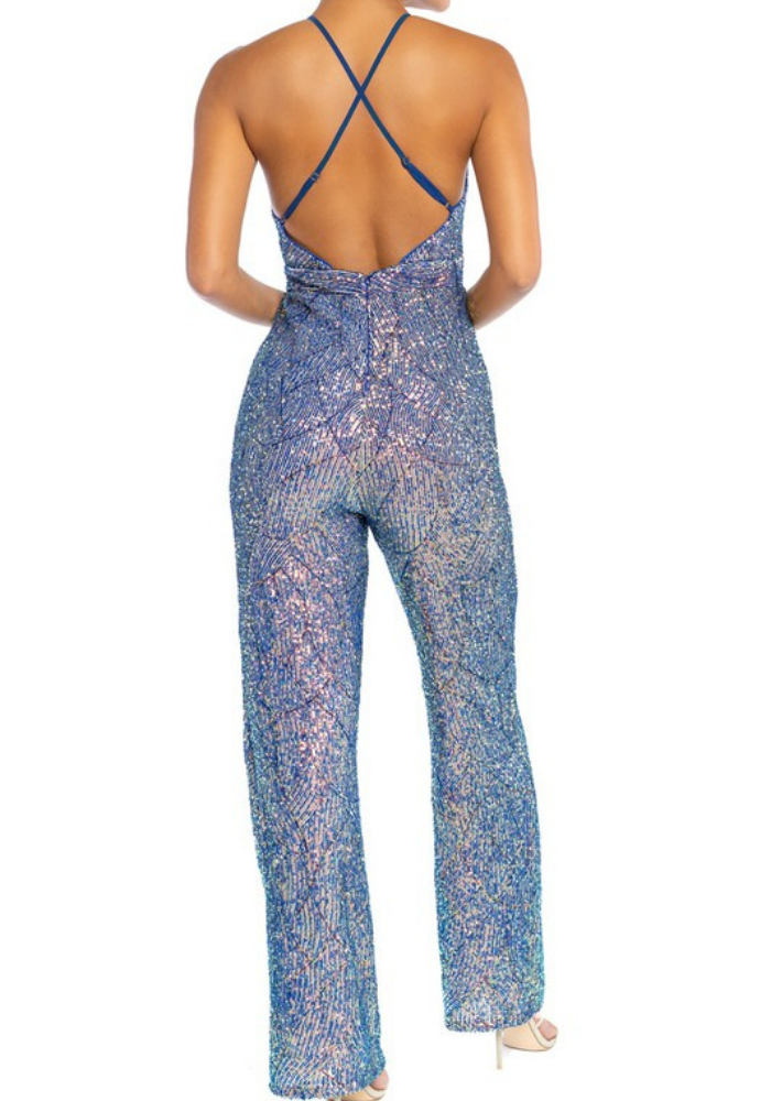 Ocean Bleu V Neck Sequin Jumpsuit