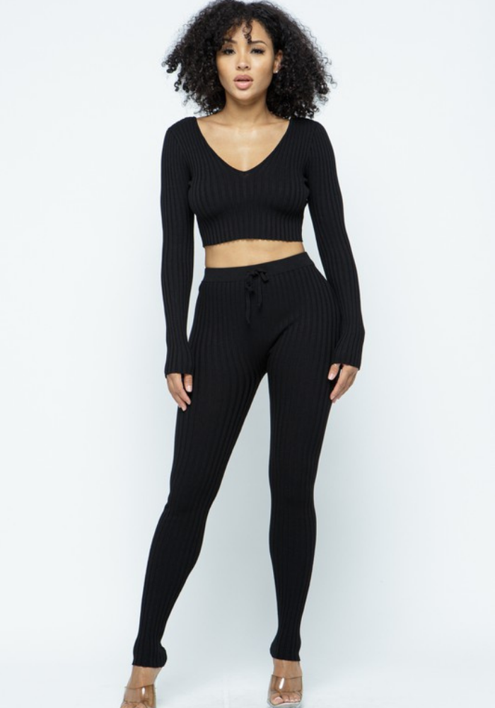 Ribbed Crop V Neck Sweater Set Black