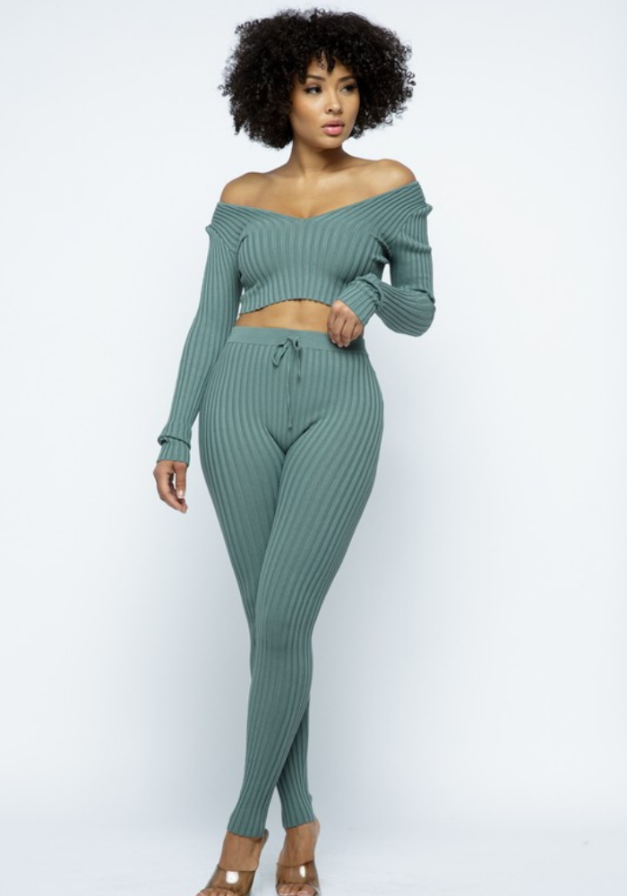 Ribbed Crop V Neck Sweater Set Sage